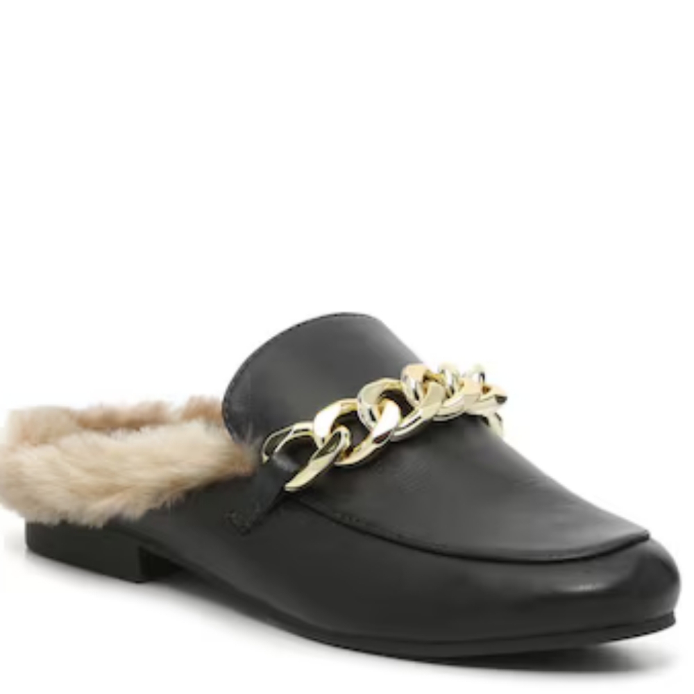 Steve Madden Black Gold Chain Detail Fur Lined Slip on Loafers,‎ 8